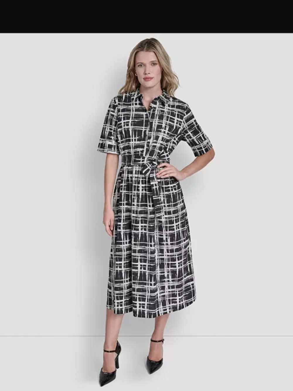 DKNY Black and White Plaid Midi Shirt Dress with Waist Tie